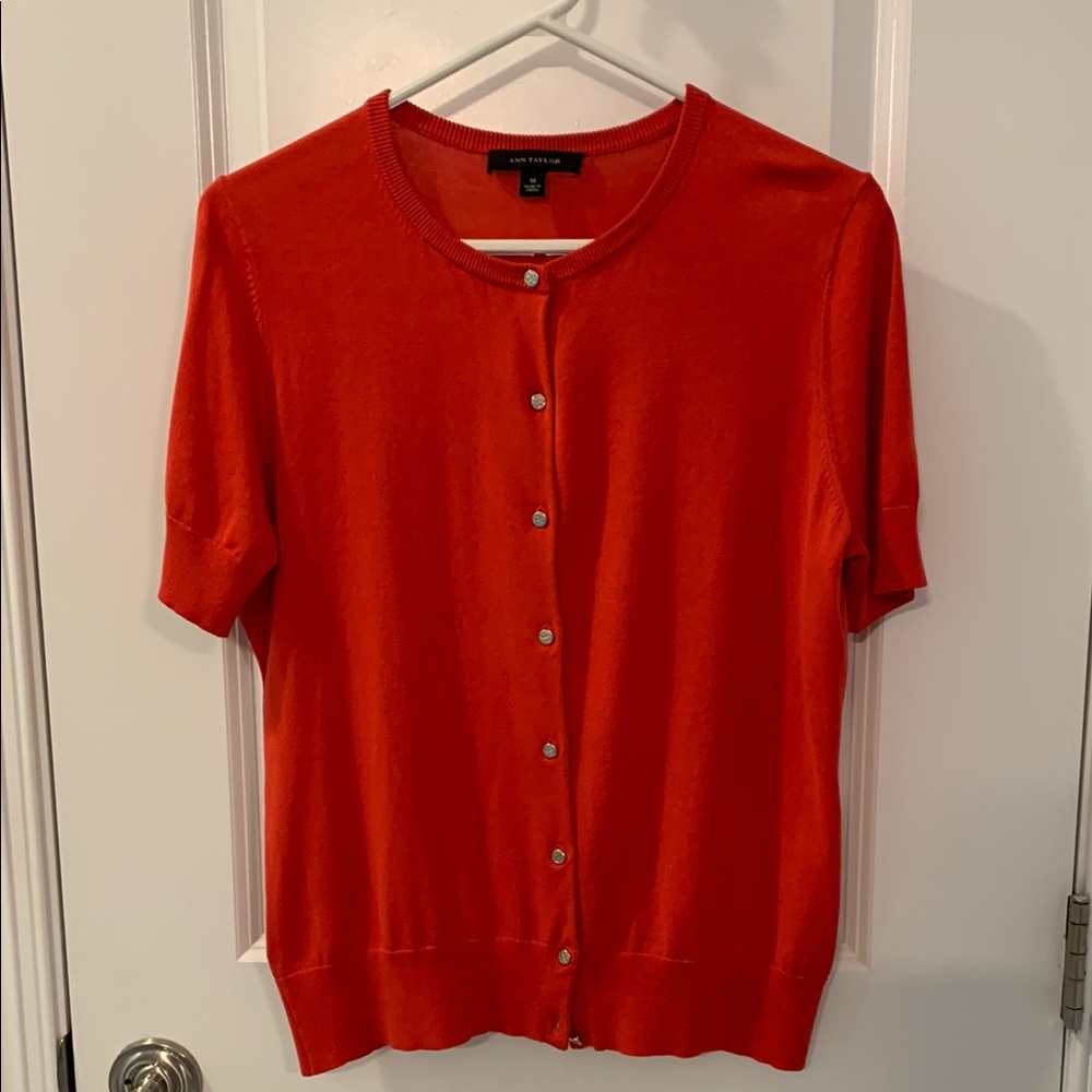 Ann Taylor Vibrant Red Knit Cardigan Short Sleeved Top